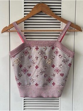 Authentic CHANEL Pink Embellished Knit Tank Top
